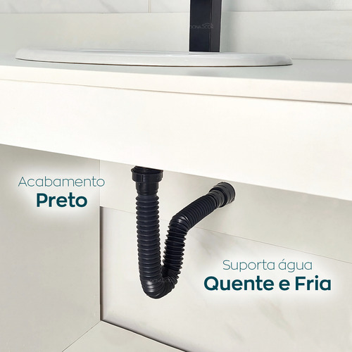 Sifão PVC Válvula click 3cm Preto Sanfonado Universal Valvula 7/8 Tampa Silicone Kit Banheiro Preto Fosco Lavatório com Sifão ABS Sanfonado Flexível Dona D.cor