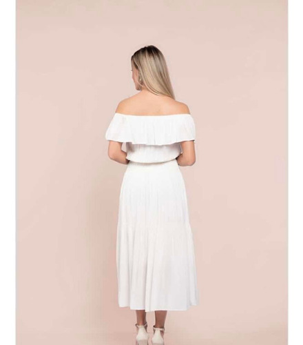 Imagem 5 de 6 de Vestido Midi Ombro A Ombro Lastex Off White Casamento Civil