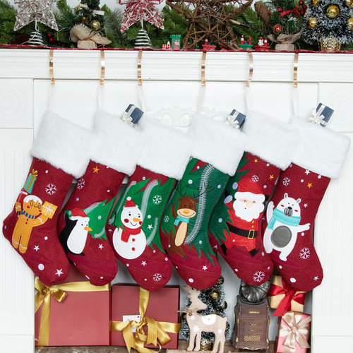 Juego De 6 Medias De Navidad Bordadas De Arpillera 50cm