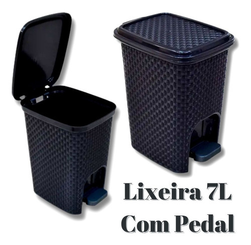 Lixeira Pedal 7 Litros Preta P/ Banheiro Rattan Cor Preto