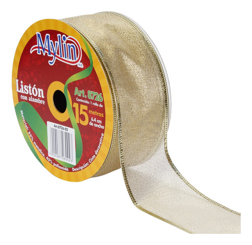 Liston Organza Liso Alambre Moños Navidad 64mm 15m Mylin 1pz Color Oro