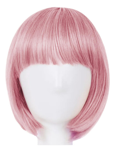 Peluca Rosa Ahumado Corta Cabello Liso Y Fleco Kanekalon