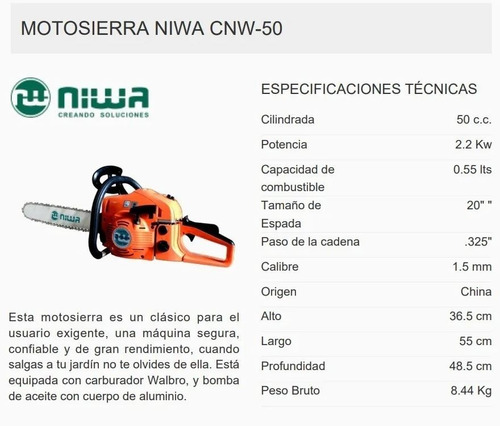 Motosierra a nafta Niwa 50cc CNW-50 2.2kW