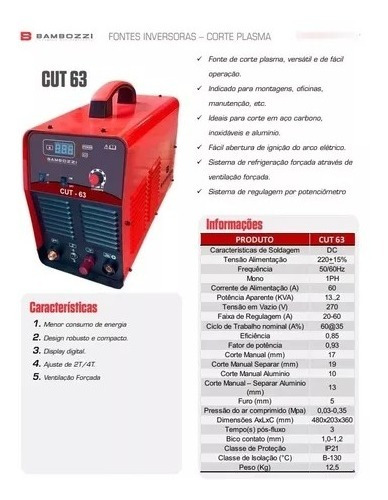 Plasma Cut63 Arco Piloto Bambozzi + Kit Com 20 Consumíveis