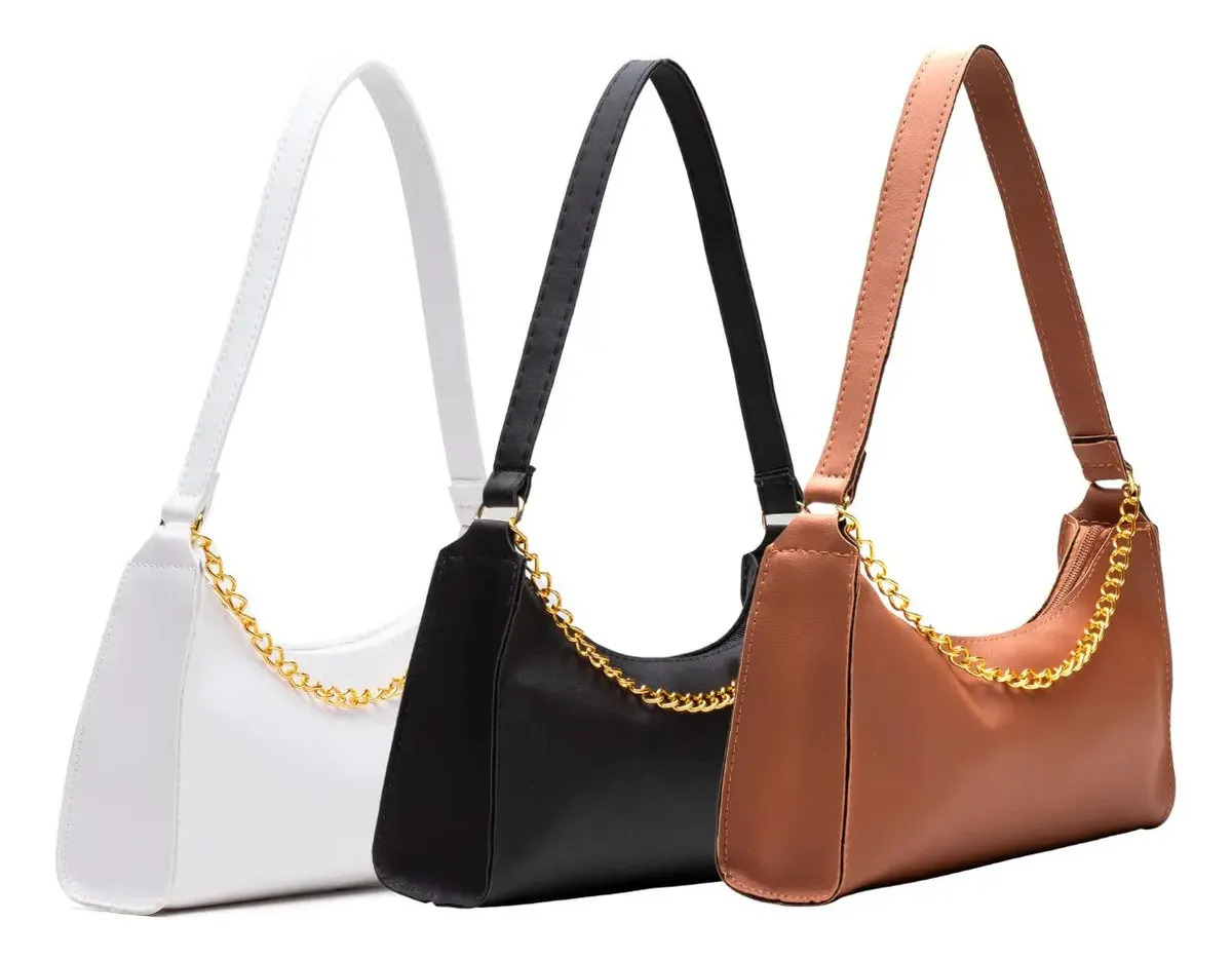 Kit Bolsas Femininas 3 Baguetes Lisas Pequenas Correntes Cor B-P-C Desenho do tecido Lisa