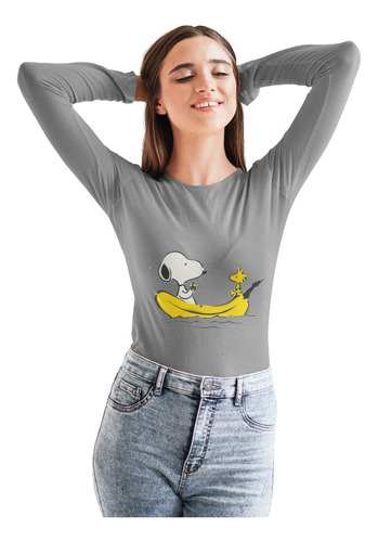 Polera Larga Snoopy Charlie Brown Banana Estampada Algodon