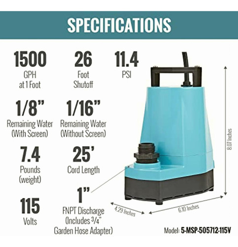 Little Giant 5-msp 115 Voltios, 1/6 Hp, 1500 Gph, Bomba