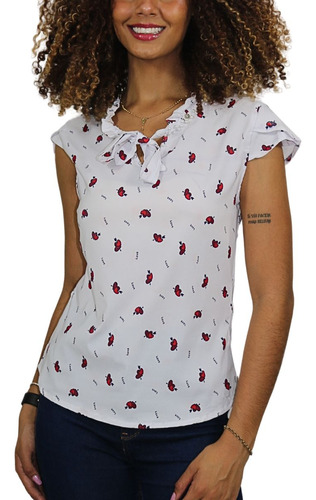 Blusa Feminina Batinha Estampada Bordado Perolas Elegante