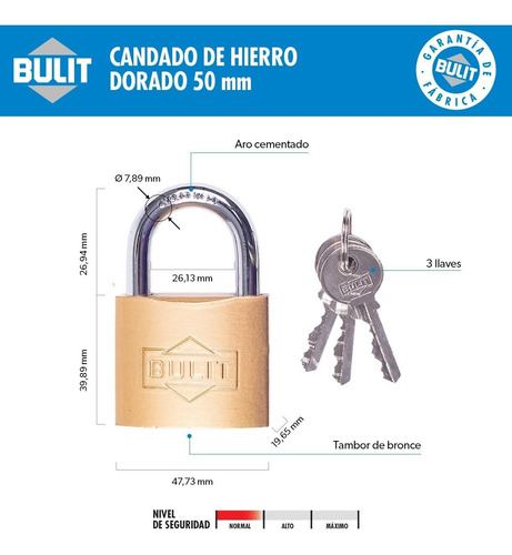 Imagen 2 de 3 de Candado De Hierro Dorado Bulit N° 50