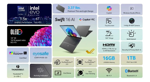 Acer Swift 16 Ai 3k Oled Touch Ultra 7 Serie 2 16gb 1tb Ssd