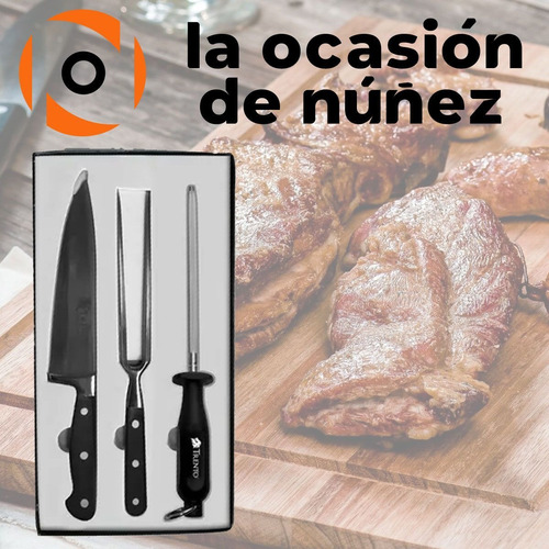 Imagen 4 de 7 de Set Asador Cuchillo Trinche Y Chaira Acero Trento Gourmet