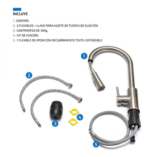 Imagen 7 de 10 de Griferia Para Cocina Monocomando Canilla Extensible De Acero
