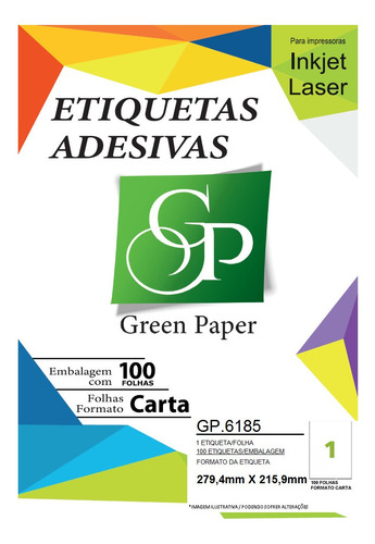 Etiqueta Adesiva Carta Cc185 279,4 X 215,9 Colacril 100 Fls