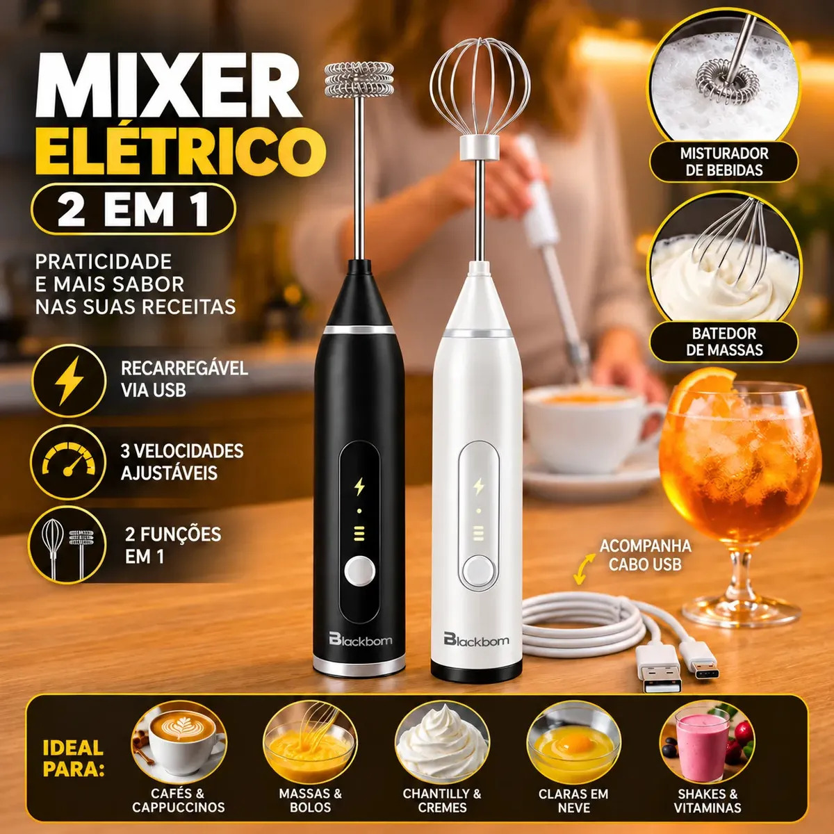 Mini Mixer Misturador De Bebidas Elétrico 2 Em 1 Portátil Recarregável Mexedor De Ovos Leite Whey Café Espuma Shake Drinks Capuccino Suco Blackbom