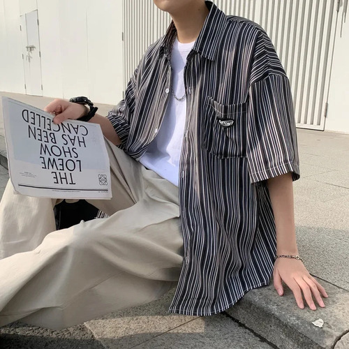 Camisa De Manga Corta A Rayas Para Hombre, Estilo Casual Hip