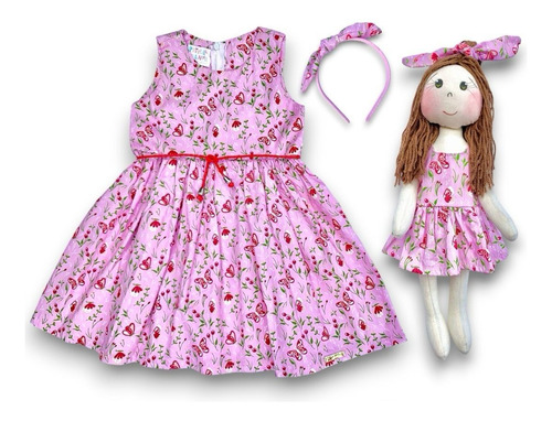 Kit Vestido Infantil Com Boneca De Pano + Laço