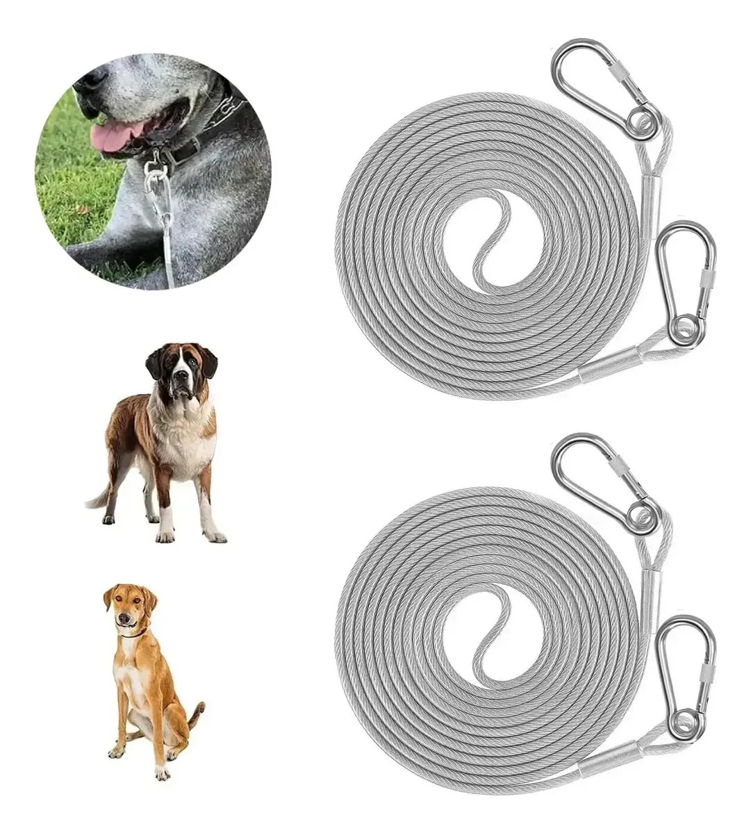 Pack de 2 Cables de Amarre Anti Mordida de Acero para Perros Medianos y Grandes, 5 m Cada Uno