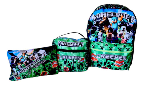 Pack Escolar Minecraft Mochila Niños + Lonchera + Estuche