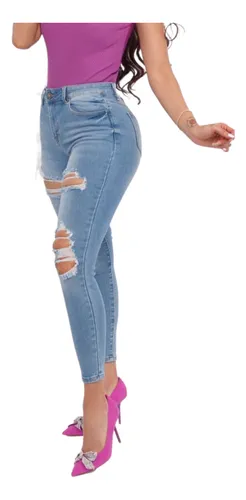 Pantalon Para Mujer De Mezclilla Roto Skinny Tiro Alto