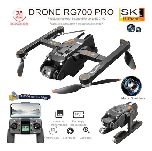 Drone Rg700 Pro, Câmera Dupla Hd 8k, Wifi 5g Gps E Alcance Preto