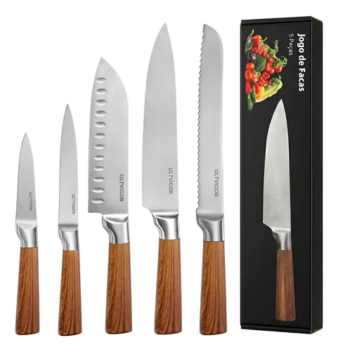 Kit Jogo De Facas Inox Conjunto 5 Peças Cozinha Faca De Chef Marrom