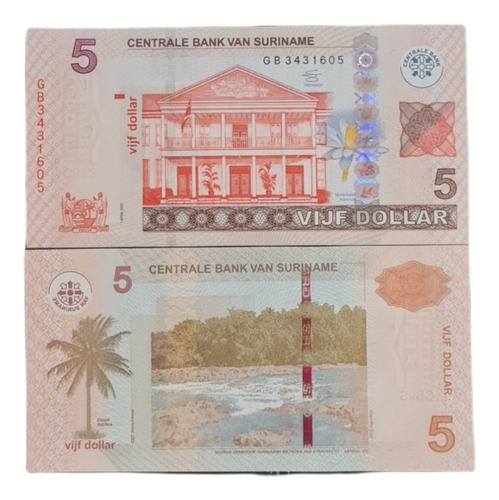 Billetes Mundiales : Surinam  5 Dolares 2012 Nuevo