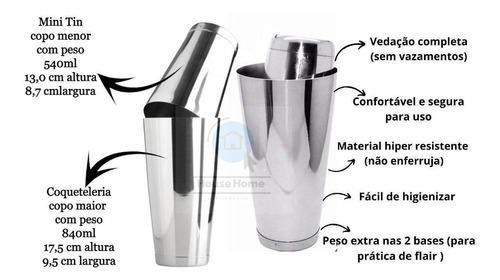 Kit Coqueteleira De Boston 840ml Com Peso Inox Pá De Gelo