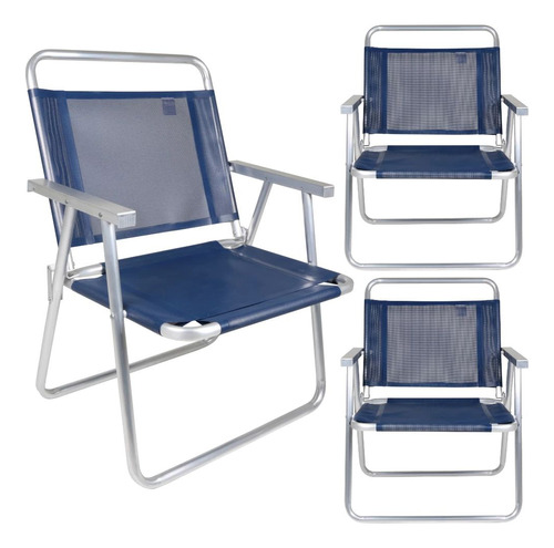 3 Cadeiras De Praia Dobrável Alta Em Alumínio Oversize Azul