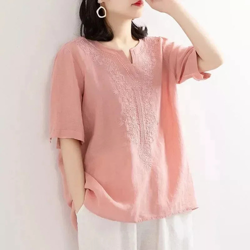 Blusa Bordada De Algodón Y Lino Con Cuello En V Para Mujer