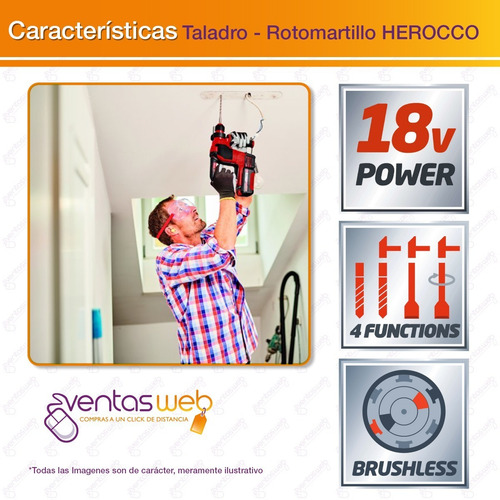 Imagen 3 de 8 de Rotomartillo Inalambrico Herocco 18v + Kit Bateria Grande