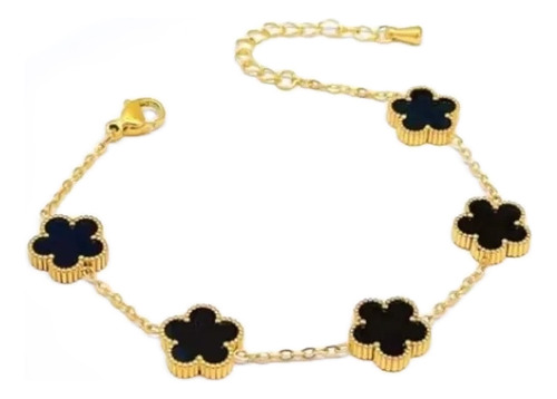 Pulsera Flores Trébol Tipo Van Cleef Acero Inoxidable Negro 19 Cm