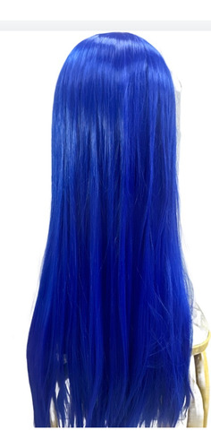 Peluca Lisa Con Flequillo Color Azul Largo 60