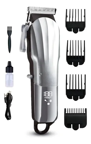 Máquina de Cortar Cabelo Profissional Barbearia Barba Recarregável Premium Sem Fio Com Visor Led Lâmina Titânio Cor Prateado