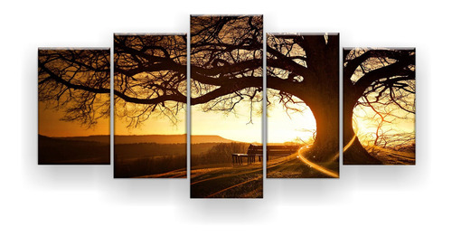 Quadro Decorativo Árvore Centenária Ao Pôr Do Sol 5 Peças