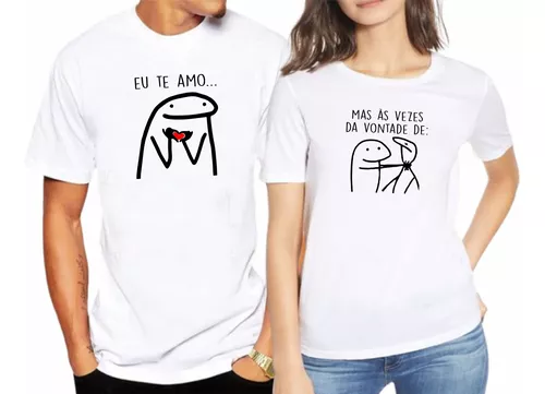 Camiseta Casal Kit Meme Palito Eu Te Amo Mas Da Vontade Plus