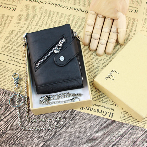 Cartera Hombre Cuero Genuino Rfid Doble Cremallera Con Caden