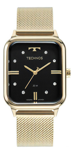 Relogio Technos Feminino Dourado Quadrado Preto 2039cq/1p