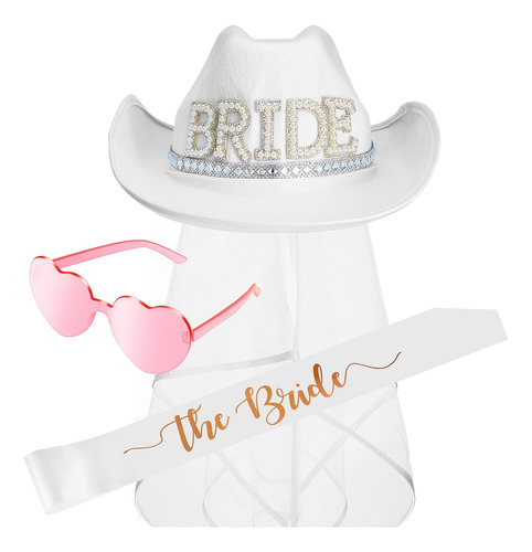 The Bride - Sombrero De Vaquero Blanco Con Velo Para Fiesta Blanco, Rosa, Oro Rosa 9.5 X 80 Cm/ 3.74 X 31.5 Inches