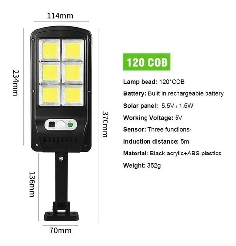 Foco Solar 128 Led 6 Cob Sensor Movimiento Exterior Luz Fría