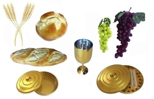 Kit Ceia Paes Trigo Taca Uvas Bandejas Douradas Calice E Pao
