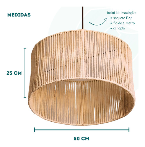 Kit 2 Lustre Pendente Rústico Grande 50cm Sisal Com Fio
