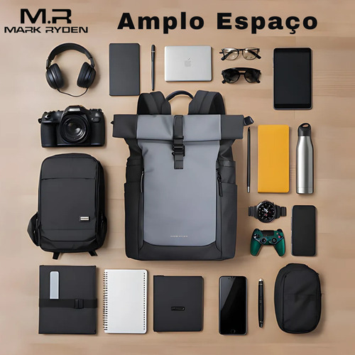 Mochila Bolsa Premium Impermeavel Expansível Notebook 17,3 Modelo Eclipse Commuter Mark Ryden - Cor Cinza/azul Liso