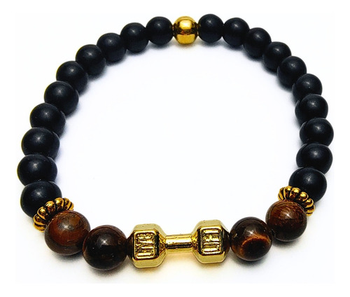 Pulsera De Hombre Onix + Ojo De Tigre+ Mancuerna Oro Antiguo