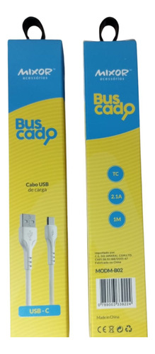 Cabo Usb Tipo C Plug Reforçado 2.1 A  Branco Mixor 