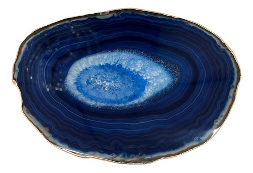 Platter Pedra Ágata Azul De 20 À 24cm Com Banho De Ouro Na B