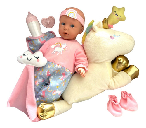 Muñeca Set De Bebé Deluxe Con Peluche Unicornio Y Accesorios