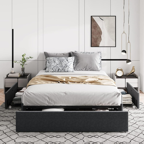 Base Cama Matrimonial Con 3 Cajones Color Gris Marca Allewie