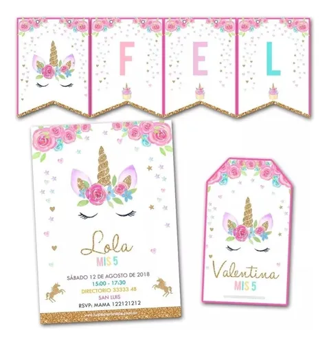 comprar Kit Unicornio Impreso Invitacion, Banderin Y+