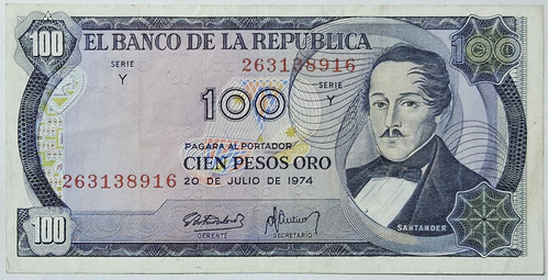 Billete 100 Pesos 20/jul/1974 Colombia Vf