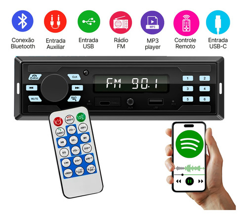 Radio Para Carro Automotivo Potente Controle Bluetooth Usb